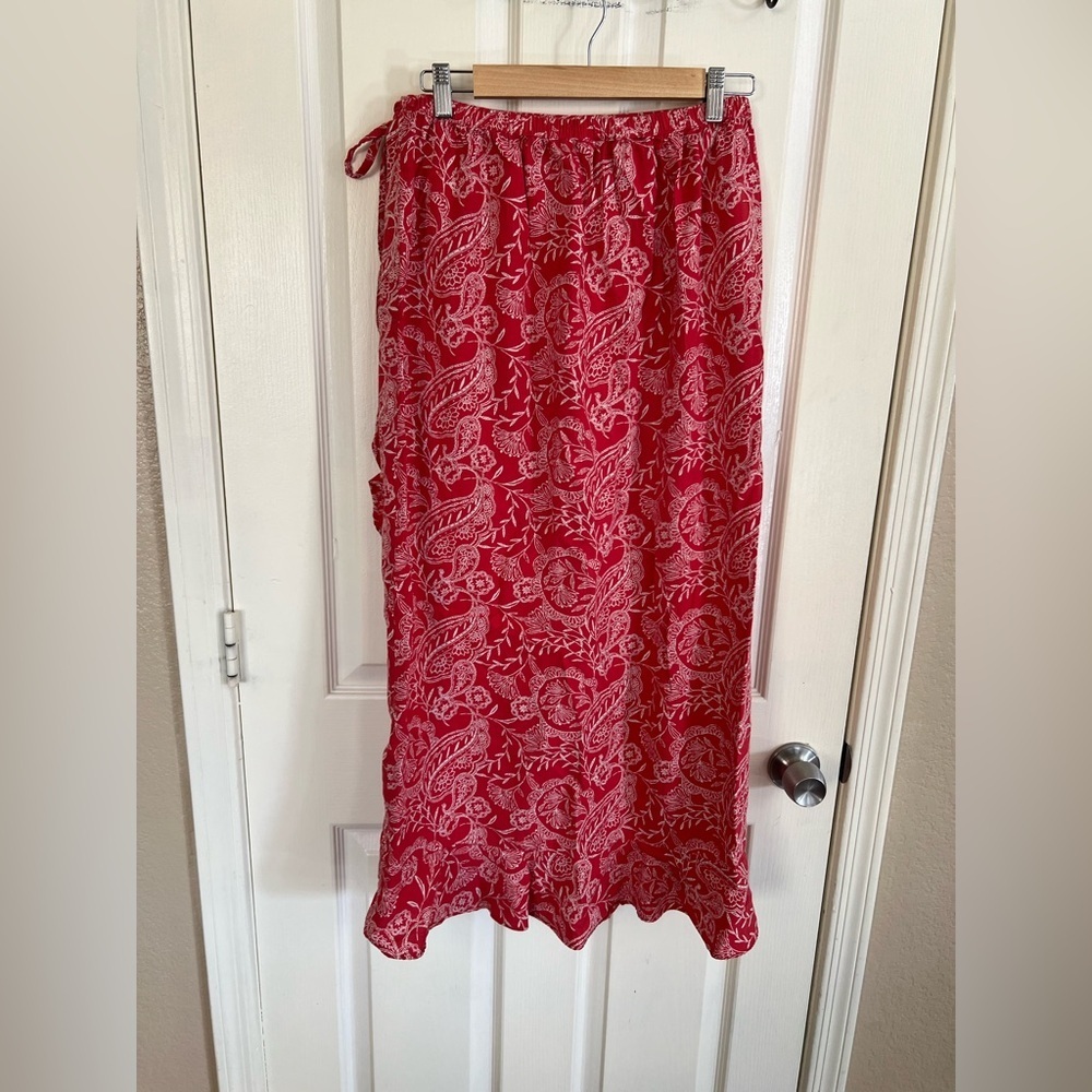 Picnic Red White Paisley Floral Wrap Midi Skirt M Tie Waist - Picture 10 of 12